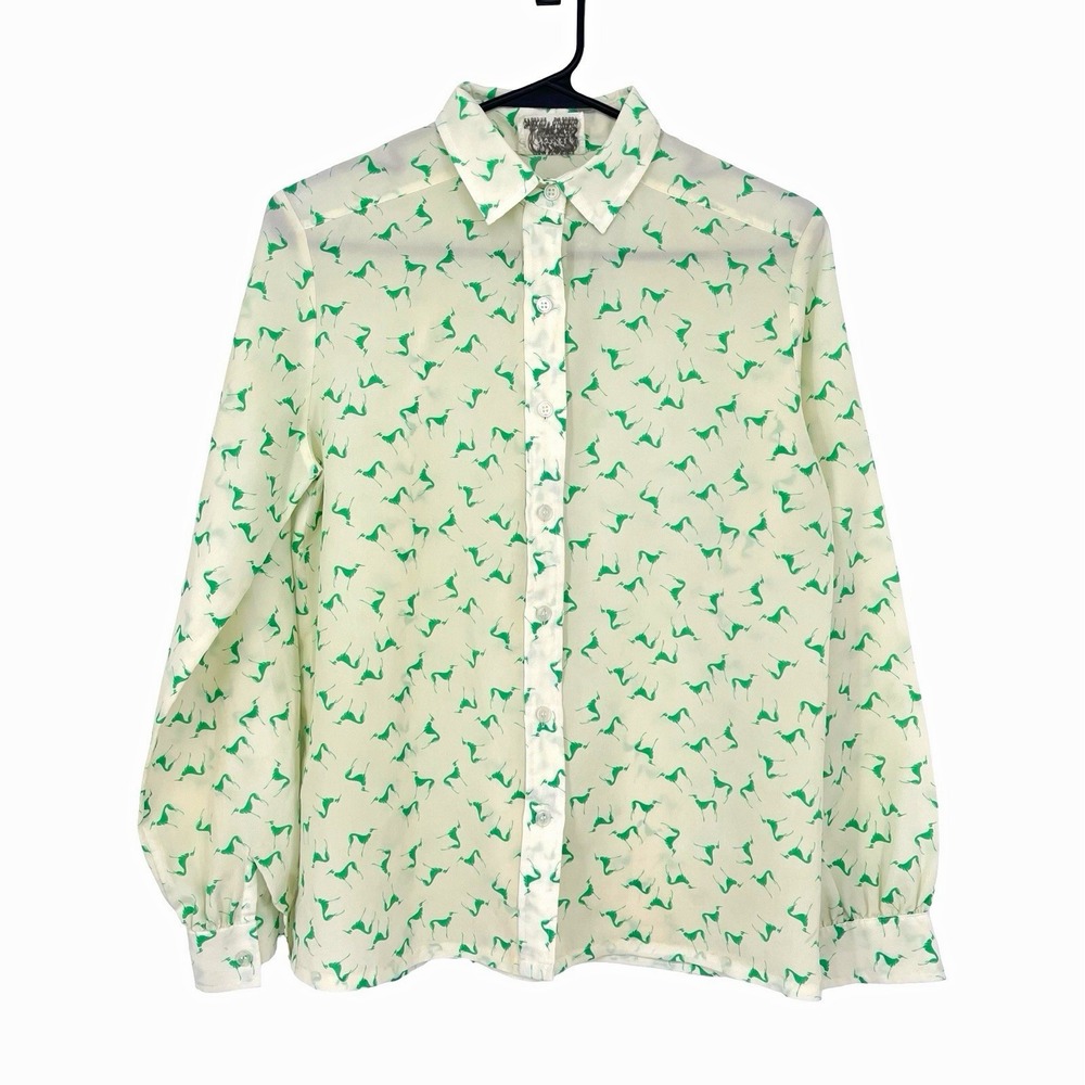 Vintage Hooper Associates Blouse Women's 8 White Green Horse Print Button Down